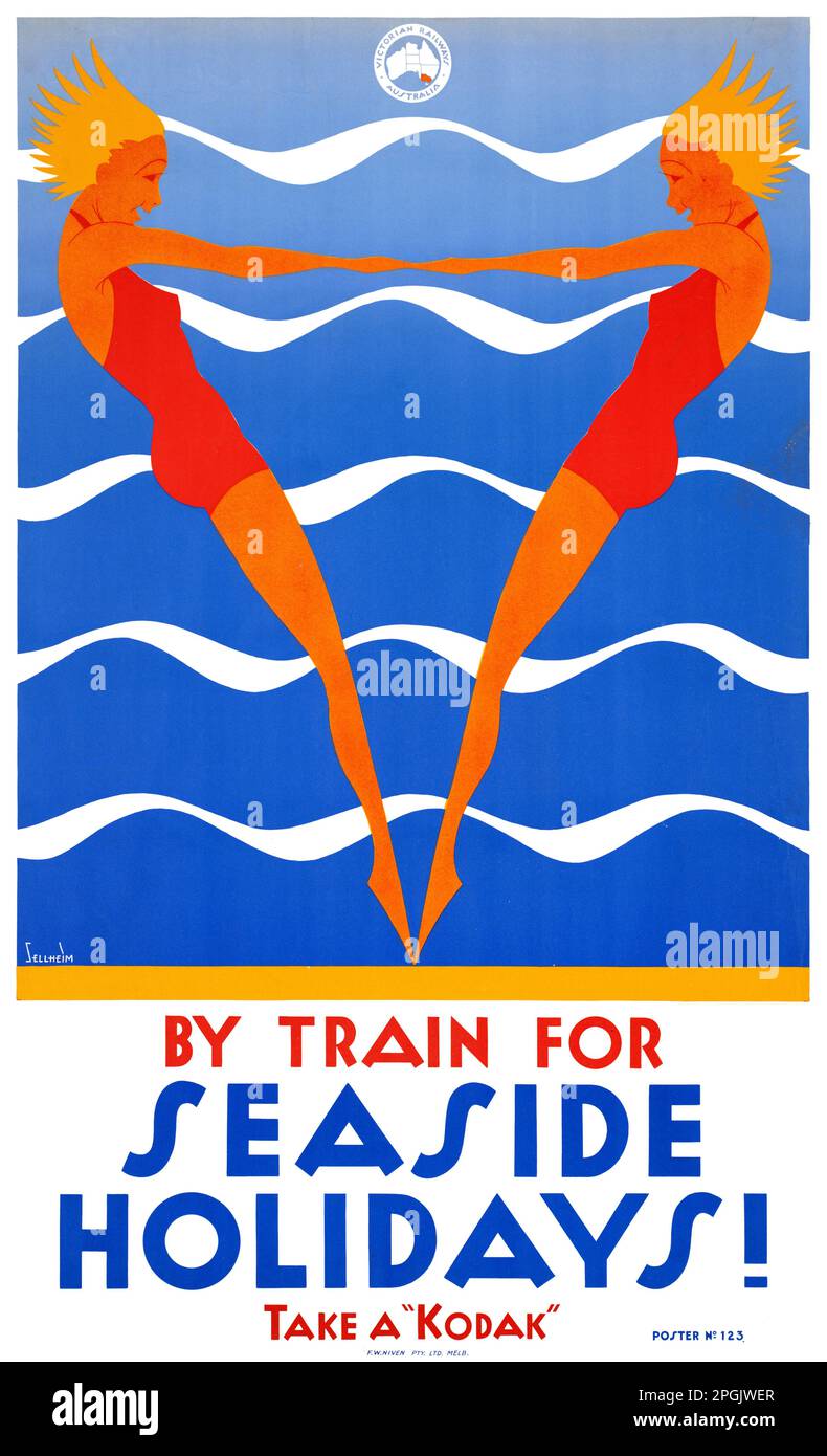 En train pour les vacances en bord de mer par Gert Sellheim (1901-1979). Affiche publiée en 1936 en Australie. Banque D'Images