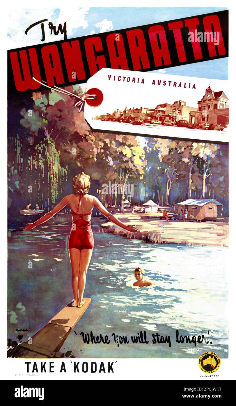 Essayez Wangaratta, Victoria, Australie où vous resterez plus longtemps par James Northfield (1887-1973). Affiche publiée en 1950s. Banque D'Images
