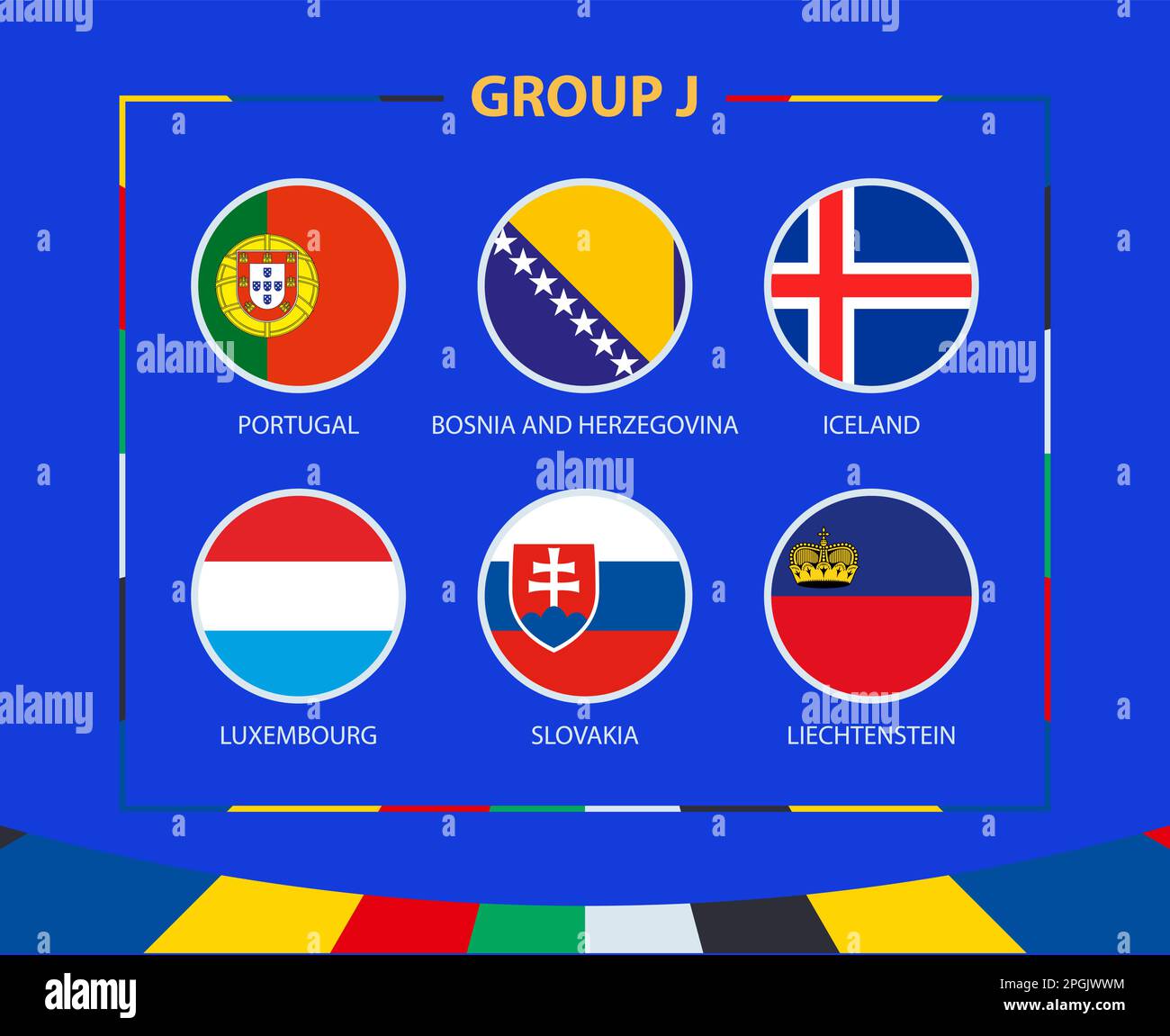Drapeaux circulaires du groupe J. participants au tournoi européen de football qualifiant 2024. Fond de vecteur football. Illustration de Vecteur