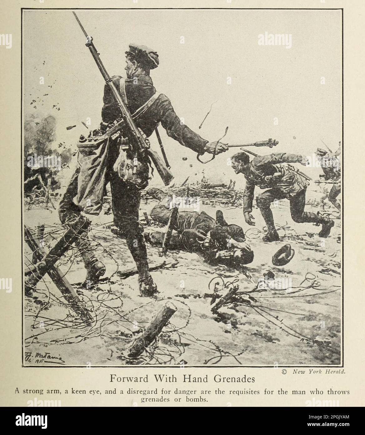 En avant avec les grenades à main Un bras fort, un oeil vif, et un mépris pour le danger sont les conditions pour l'homme qui lance des grenades ou des bombes du livre ' actes d'héroïsme et de bravoure : Le livre des héros et de l'audace personnelle par Elwyn Alfred Barron et Rupert Hughes, Date de publication 1920 Éditeur New York : Harper & Brothers Publishers Banque D'Images