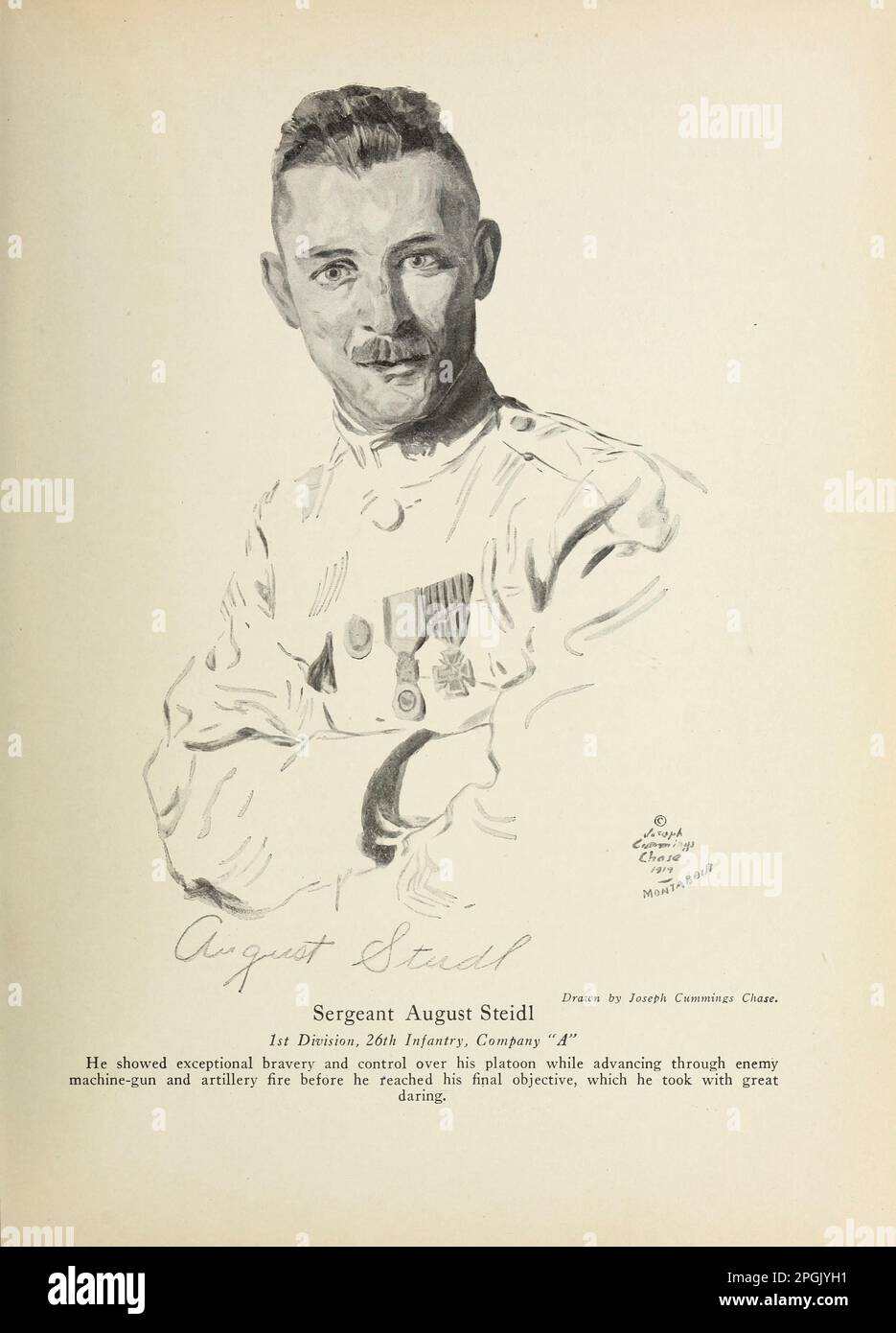 Sergent August Steidl 1st Division, 26th infanterie, Compagnie 'A' il a montré une bravoure et un contrôle exceptionnels sur son peloton tout en avançant à travers l'ennemi mitrailleur et tir d'artillerie avant qu'il ait atteint son objectif final, qu'il a pris avec beaucoup d'audace du livre ' actes d'héroïsme et de bravoure : Le livre des héros et de l'audace personnelle par Elwyn Alfred Barron et Rupert Hughes, Date de publication 1920 Éditeur New York : Harper & Brothers Publishers Banque D'Images