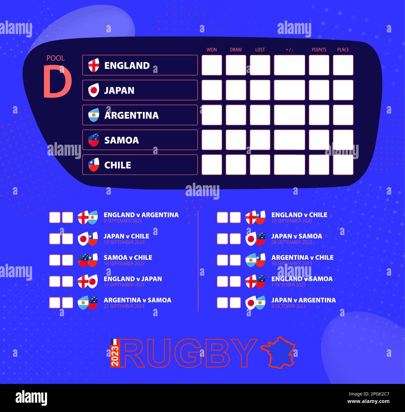 Coupe de rugby 2023, programme des matchs de la piscine D. Drapeaux de l'Angleterre, du Japon, de l'Argentine, des Samoa, du Chili. Modèle pour tournoi de rugby. Illustration de Vecteur