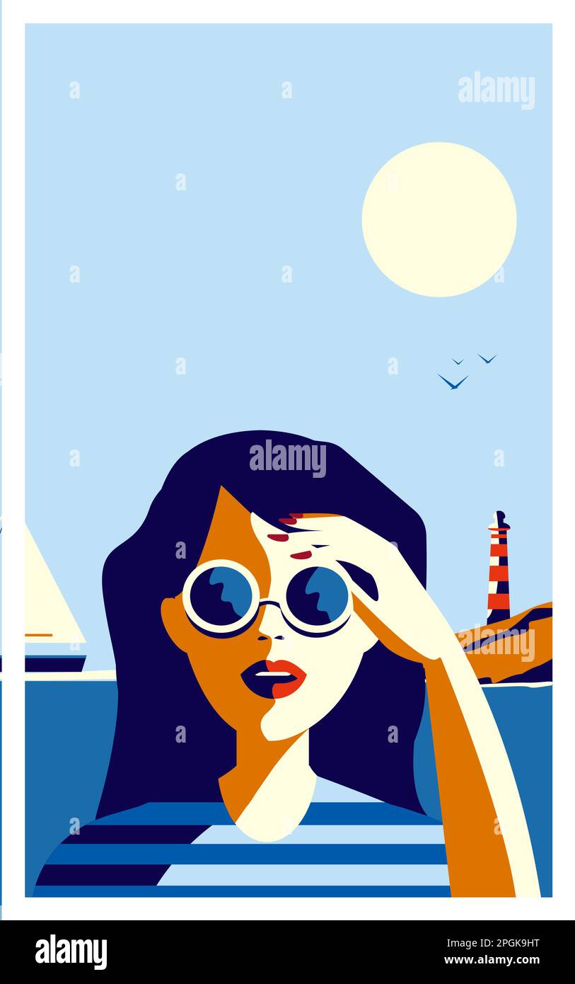 Illustration vectorielle d'une belle fille en lunettes de soleil sur le fond de la mer dans un style rétro Illustration de Vecteur