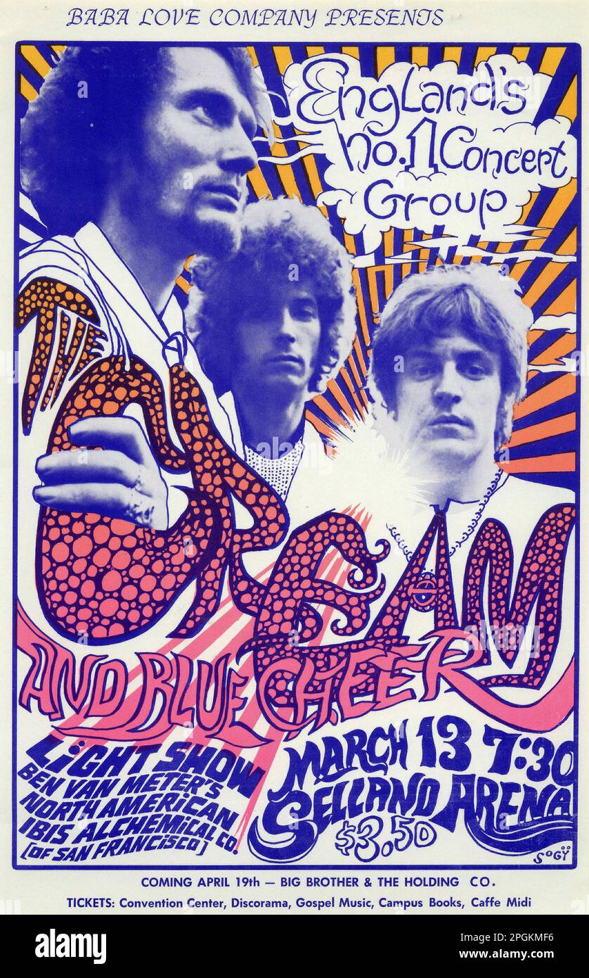 Englands no 1 concept group - Cream (feat Eric Clapton) et Blue Cheer - Fresno Handbill, Selland Arena (Baba Love Company, mars 13) années 1960 Banque D'Images