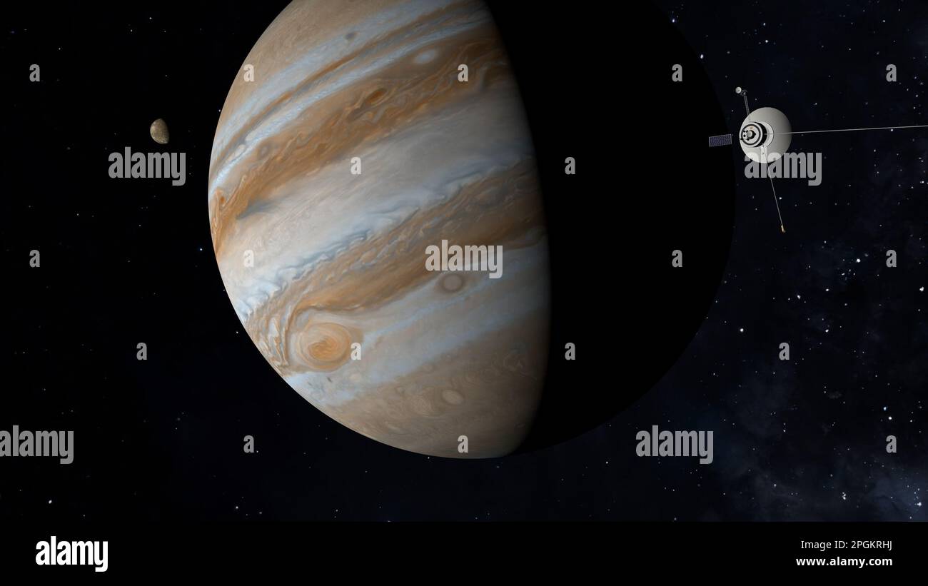 Sonde spatiale volant vers Jupiter. Exploration spatiale. 3D illustration. Banque D'Images