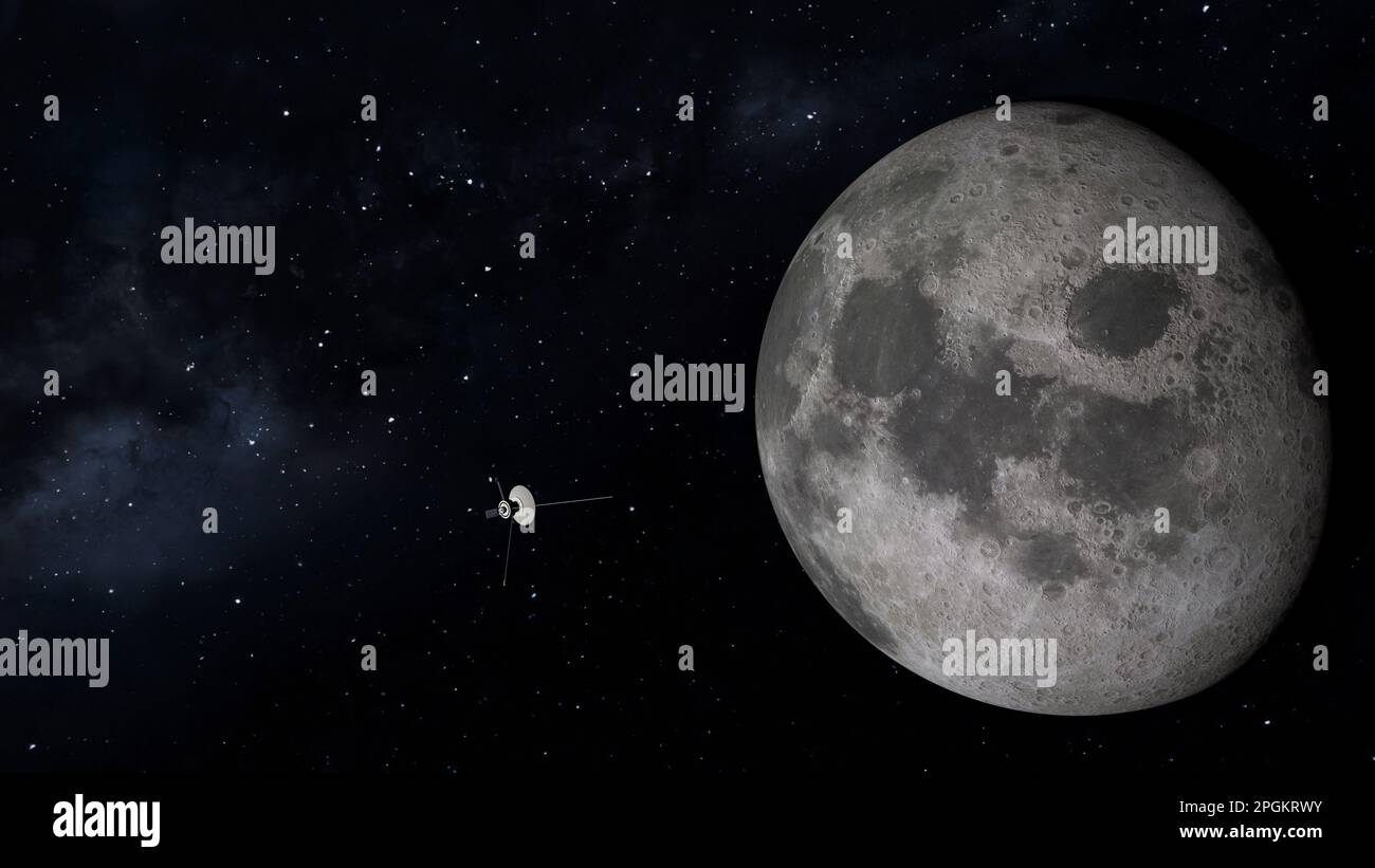 Sonde spatiale volante près de la lune. 3D rendu. Banque D'Images