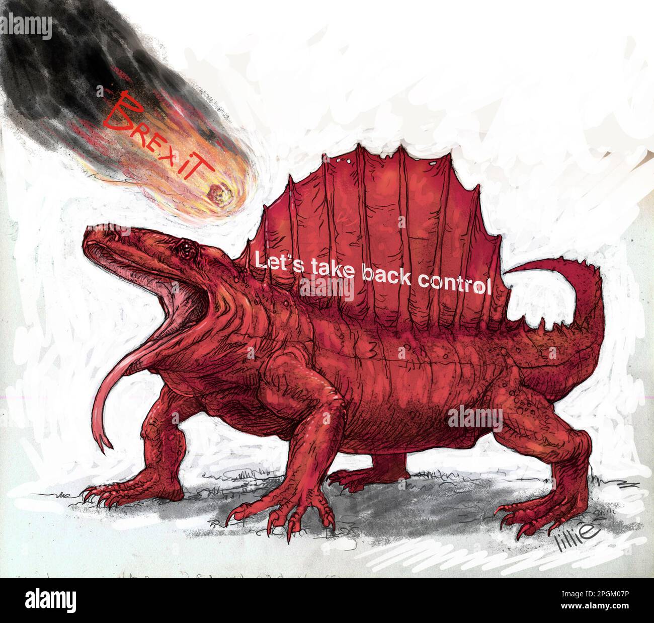 Caricature de satire politique : comète du Brexit qui se dirige vers un petit dinosaure ianthasaurus, orné des mondes « reprendre le contrôle », satirique. Banque D'Images