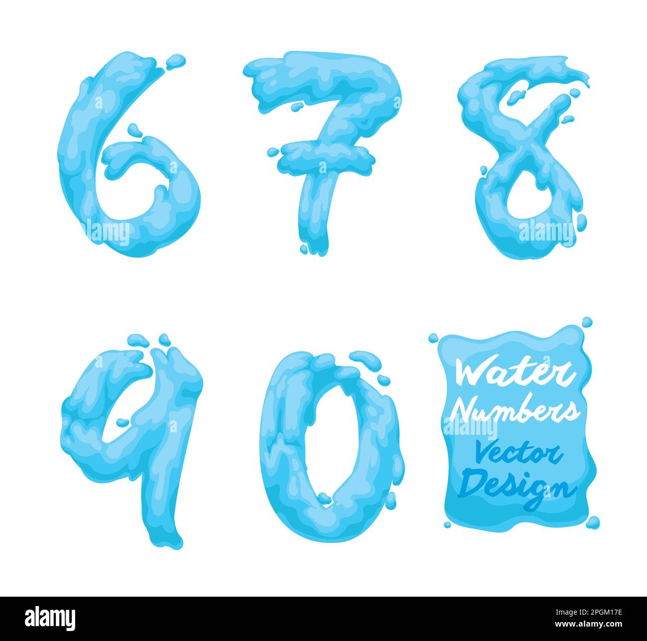 Ensemble de nombres de six à zéro avec effet aqueux. Style dessin animé. Illustration de Vecteur