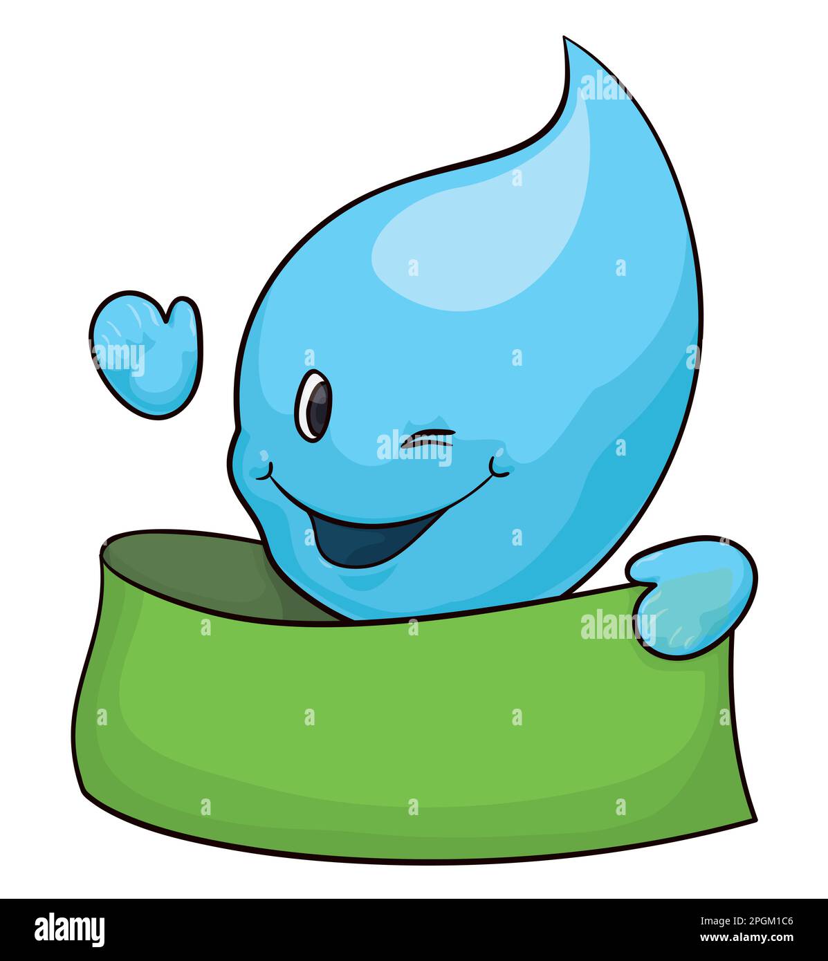 Modèle avec une goutte d'eau bleue joyeuse et un geste d'ondulation et un ruban vert. Design de style dessin animé. Illustration de Vecteur