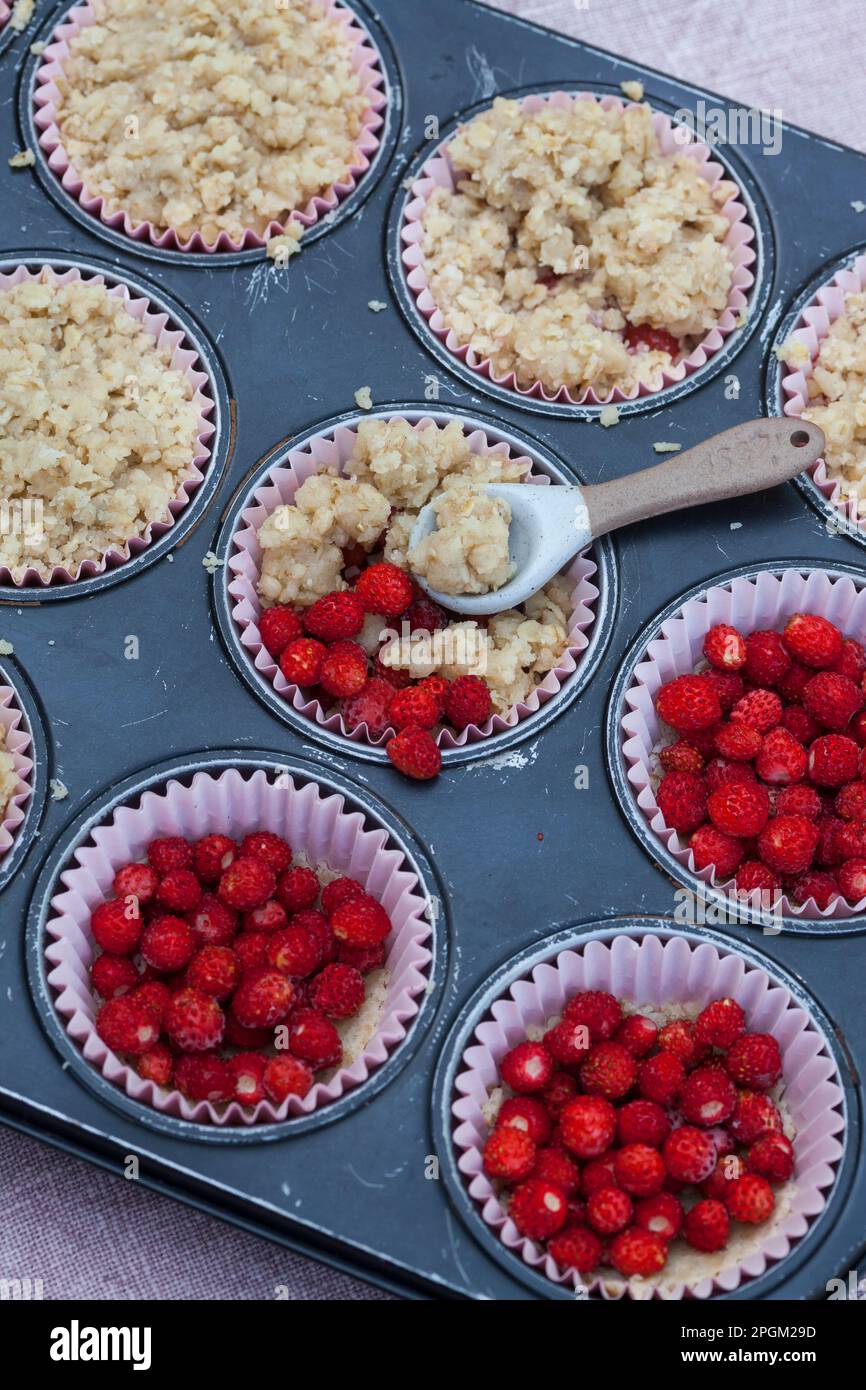 Erdbeer-crumble, Wald-Erdbeer-crumble, Walderdbeer-crumble, crumble mit Walderdbeeren, Krümelkuchen, Kuchen, à Muffinförmchen, Wald-Erdbeere, Walderd Banque D'Images