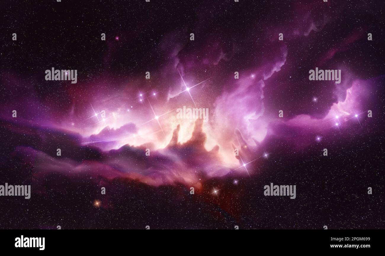 Une grande nébuleuse lumineuse avec de nouvelles étoiles en formation. Composition photo. Banque D'Images