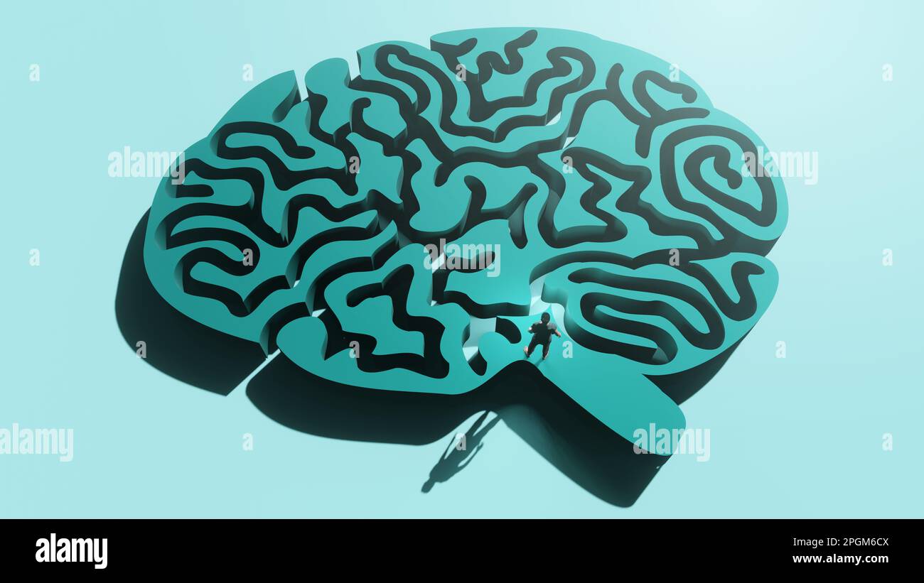 Casse-têtes de l'esprit. Un homme debout sur un puzzle de labyrinthe de l'esprit humain. 3D illustration Banque D'Images