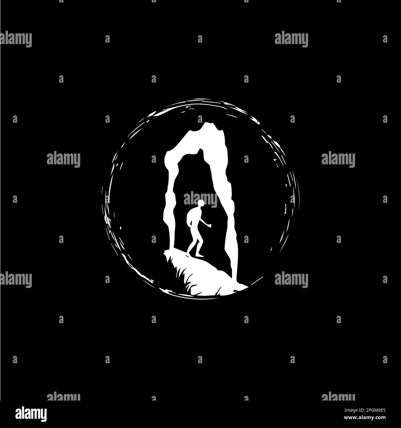 Figurine de spéléologue dans le modèle de logo de silhouette de grotte, icône de cavaleman, défi
