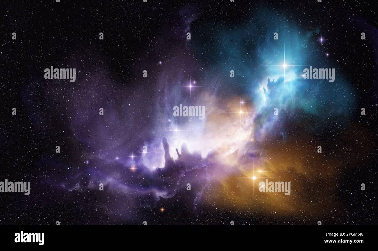 Une nébuleuse spatiale brillante et distante avec de nouvelles étoiles en formation. Composition photo. Banque D'Images