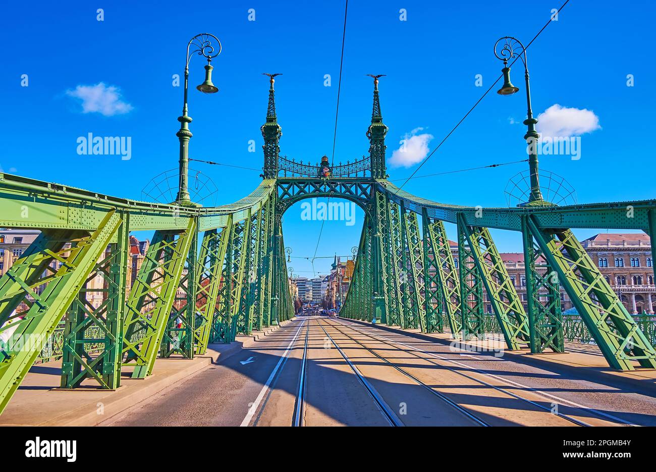 Le splendide pont historique Liberty avec des tours décoratives, des sculptures d'oiseaux Turul et des lampadaires vintage contre le logement de Pest, Budapest, Hu Banque D'Images