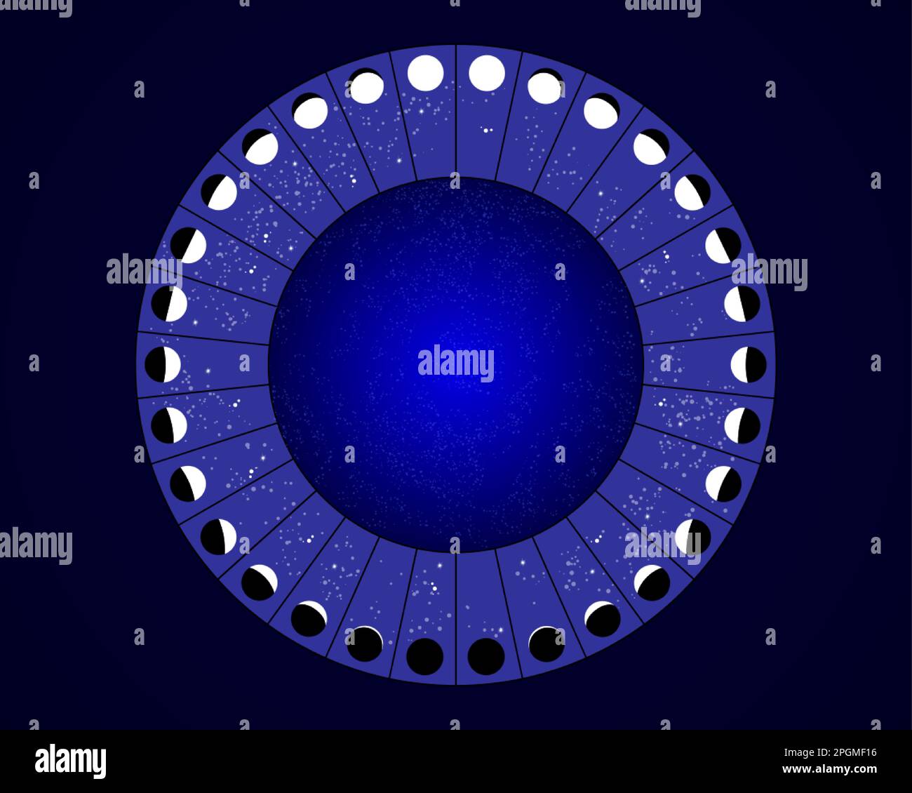 cercle des phases lunaires, carte vectorielle d'astronomie du calendrier, roue lunaire isolée sur fond bleu étoilé Illustration de Vecteur