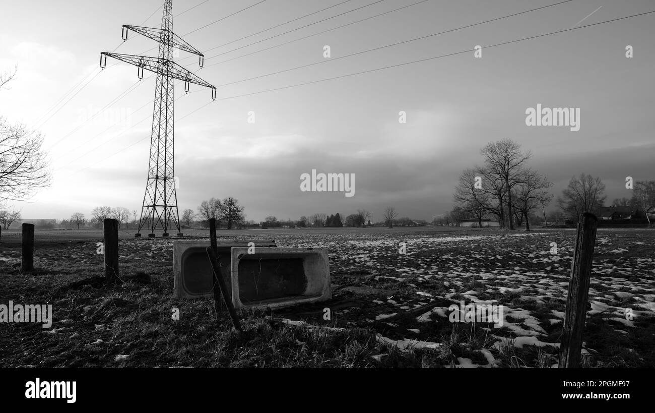 Pôle de puissance en hiver avec deux conteneurs d'eau renversée pour les vaches au sol en noir et blanc Banque D'Images