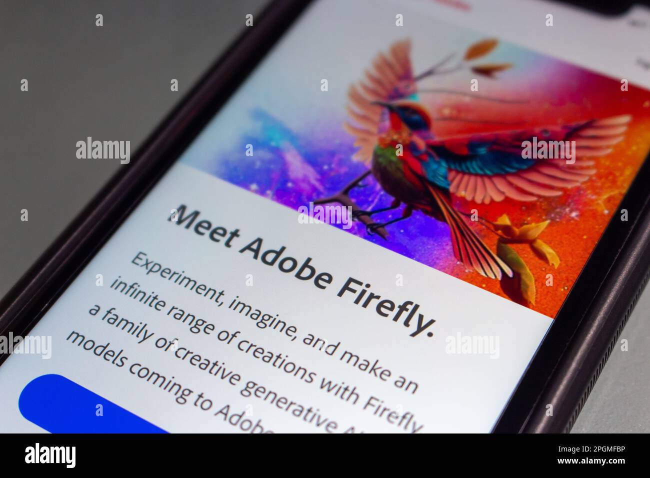 Vancouver, CANADA - Mar 21 2023 : site Web d'Adobe Firefly sur iPhone. En mars, Adobe a annoncé le lancement bêta de son nouveau modèle d'IA générative Firefly Banque D'Images