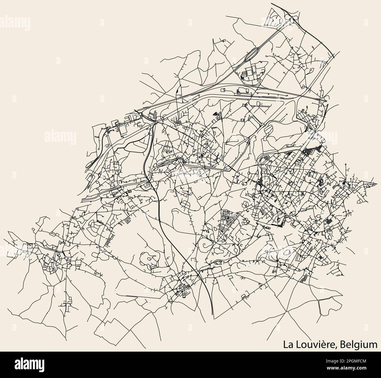 Carte détaillée des routes urbaines de navigation tracées à la main de la ville belge de LA LOUVIÈRE, BELGIQUE avec des lignes de route solides et une étiquette nominative sur le dos vintage Illustration de Vecteur