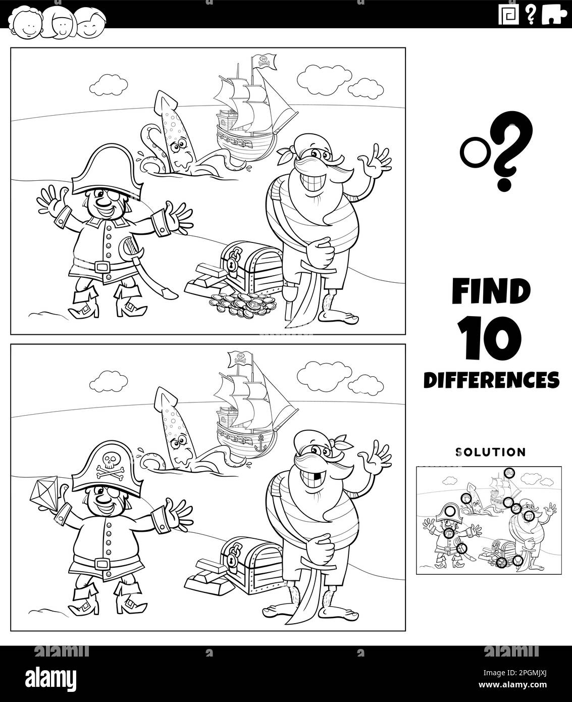 Dessin animé noir et blanc illustration de trouver les différences entre les images jeu éducatif avec des personnages pirates sur la coloration de l'île de Trésor Illustration de Vecteur