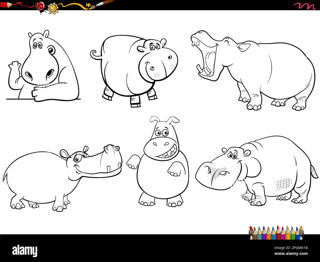 Dessin animé noir et blanc illustration humoristique de l'hippopotame animal personnages ensemble de coloriage page Illustration de Vecteur