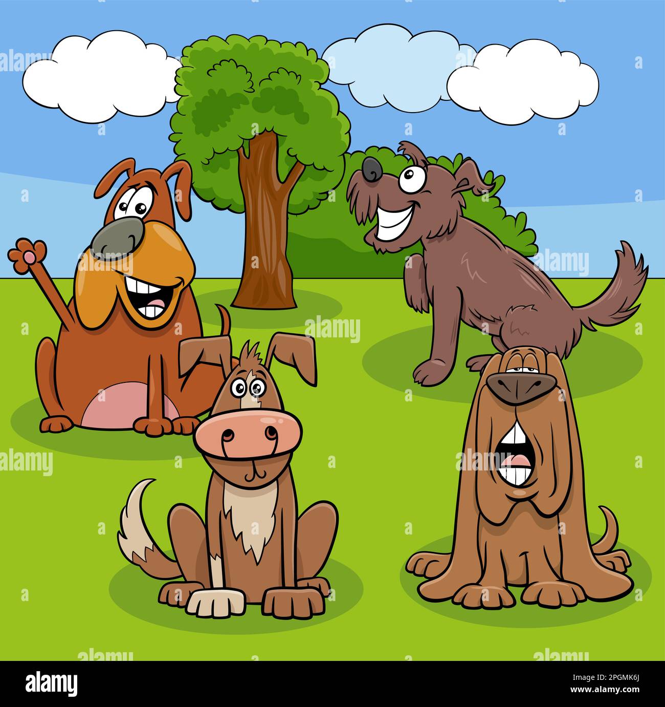 Illustration de dessins animés de chiens drôles et de personnages animaux de chiots dans un pré Illustration de Vecteur