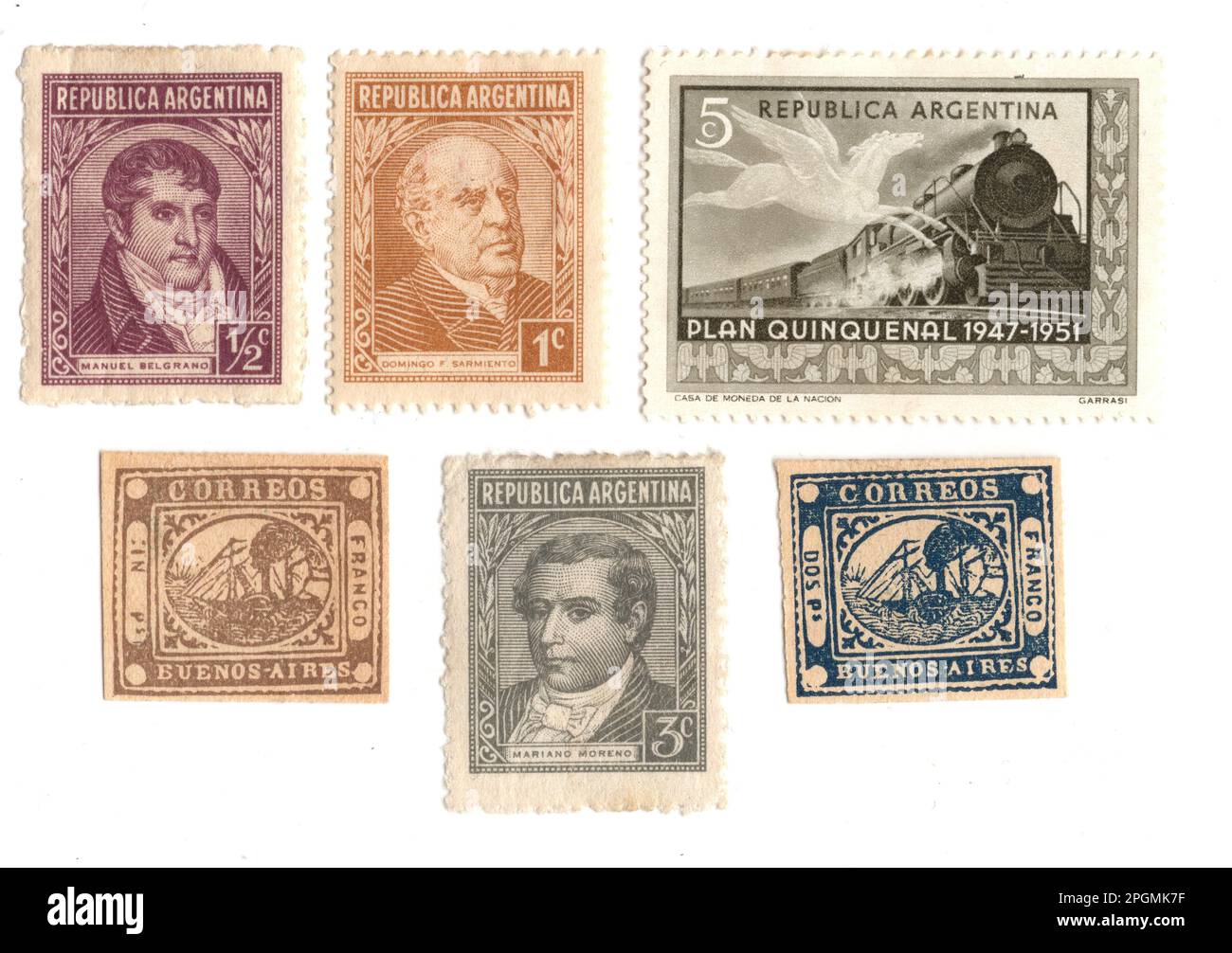 Timbres-poste millésimés à la menthe d'Argentine et de Buenos Aires isolés sur fond blanc. Banque D'Images