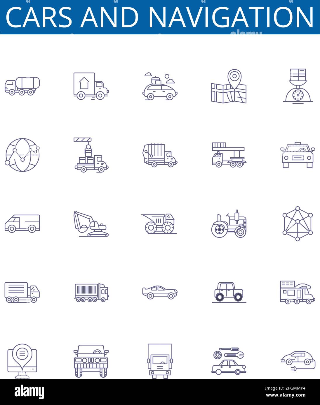 Voitures et lignes de navigation icônes signes ensemble. Collection de conception de voitures, navigation, automobiles, conduite, cartes, Concept routes, GPS, vue de la rue Illustration de Vecteur
