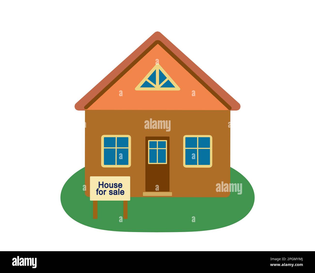 Une maison avec un panneau à vendre. Illustration clip art, isolé sur fond blanc. Immobilier, business et finance. Banque D'Images