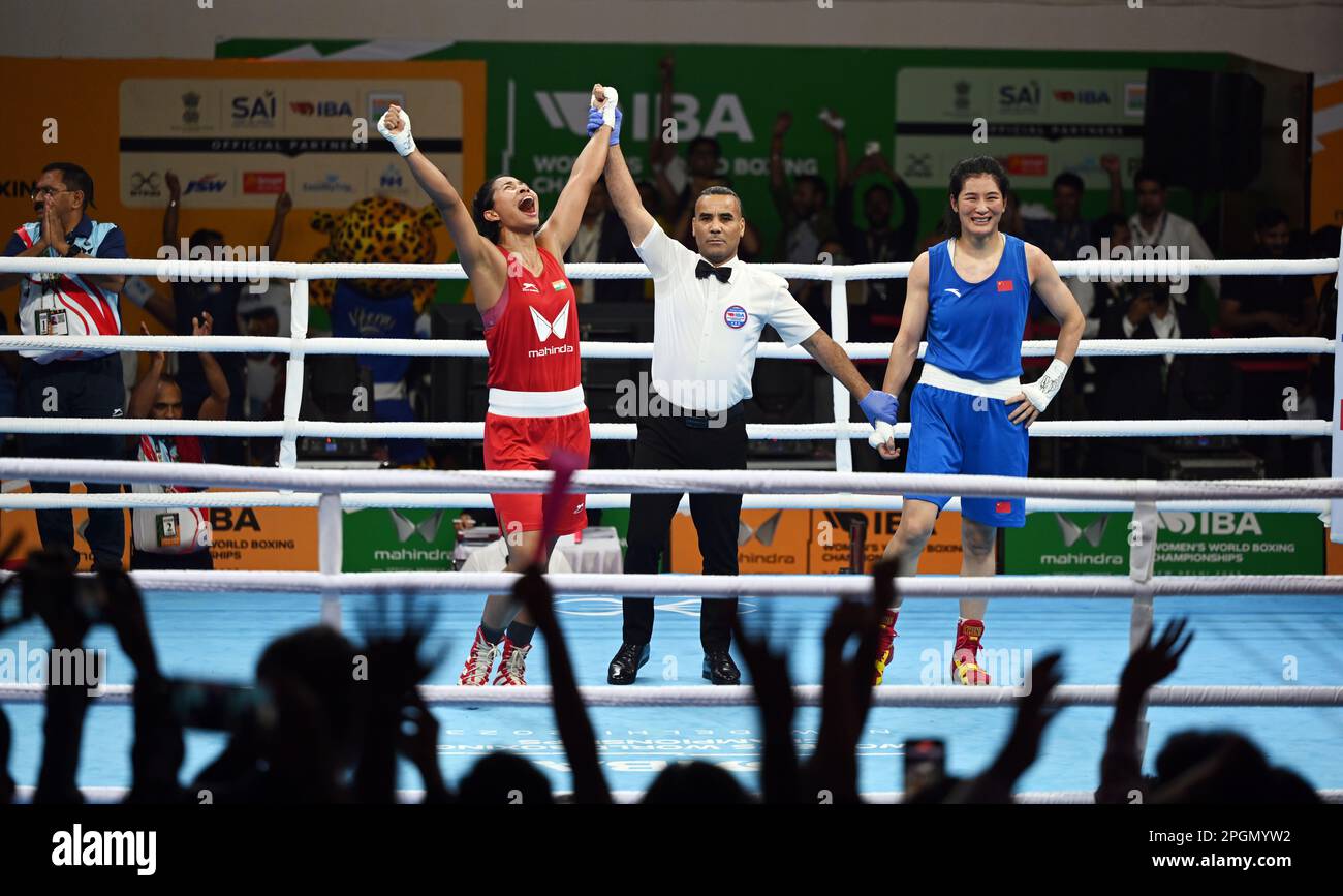 New Delhi, Inde. 23rd mars 2023. NEW DELHI, INDE - MARS 23: Le boxeur indien Lovlina Borgohain réagit après avoir remporté son match des demi-finales de catégorie 70-75kg- (poids léger de la mouche) contre le boxeur chinois Li Qian aux Championnats du monde de boxe féminin IBA 2023 sur 23 mars 2023 à New Delhi, Inde. (Photo de Sanjeev Verma/Hindustan Times/Sipa USA) crédit: SIPA USA/Alay Live News Banque D'Images