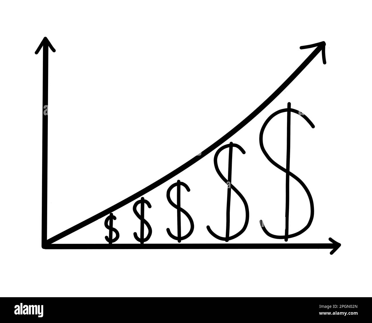 Financement monétaire croissance ou inflation concept. Un graphique du prix du dollar américain avec une flèche grandit. Illustration en noir et blanc. Banque D'Images