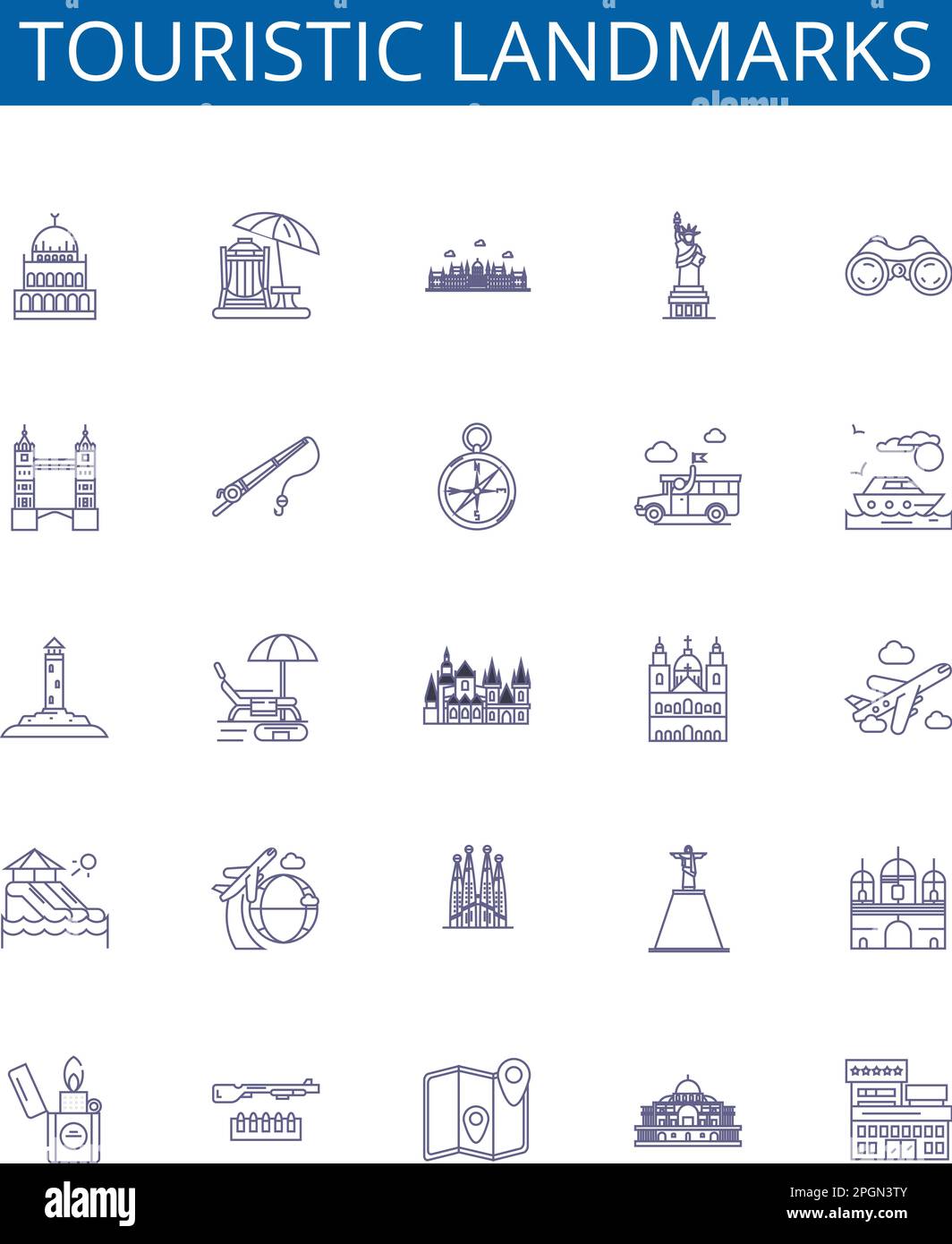 Lignes de monuments touristiques icônes signes ensemble. Collection design de Tourisme, monuments, Palais, Eglises, Châteaux, ruines, statues Illustration de Vecteur
