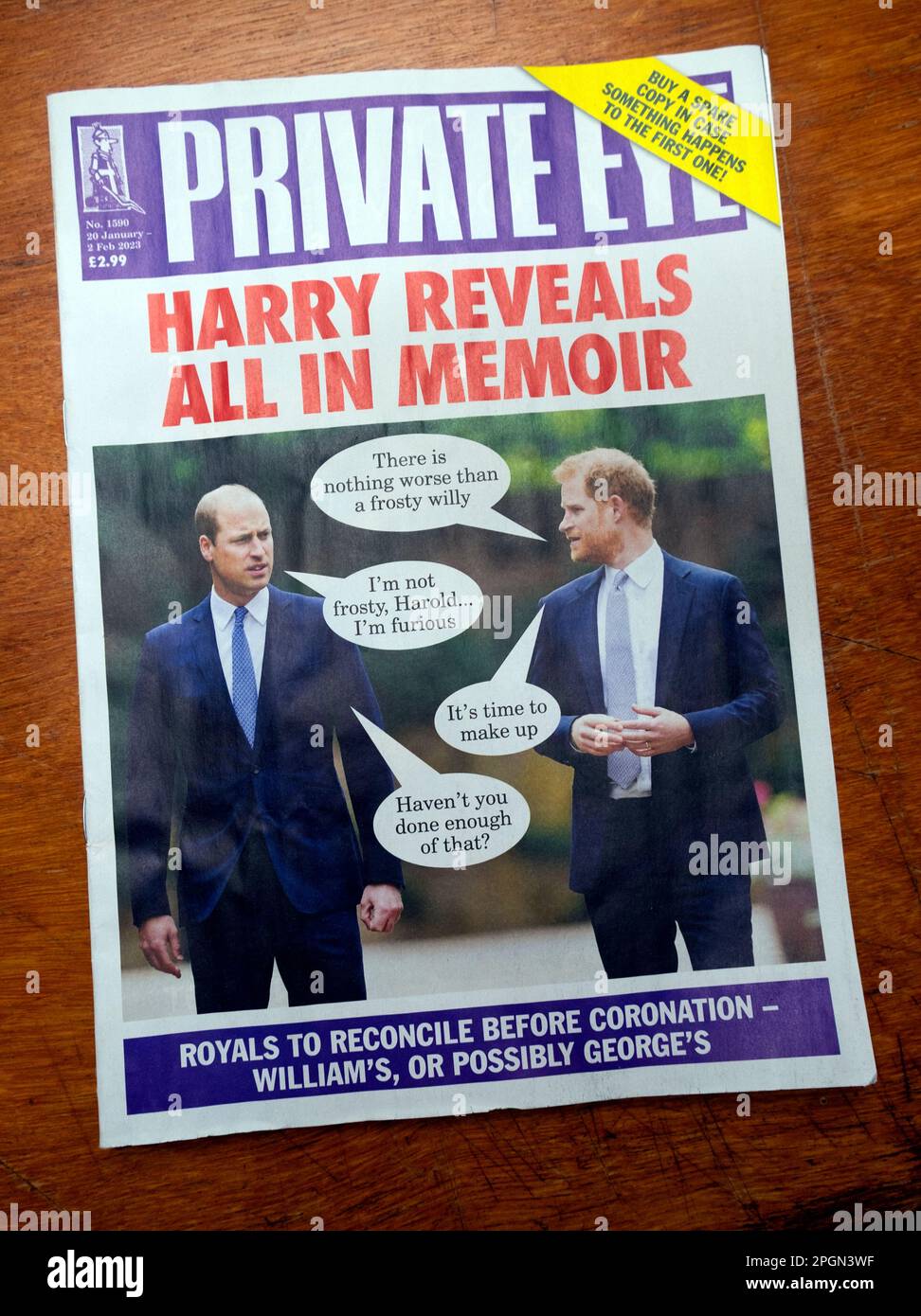 Les Royal Brothers Prince Harry et Prince William parlent sur la couverture du magazine satirique Private Eye janvier février numéro 2023 Londres Royaume-Uni Banque D'Images