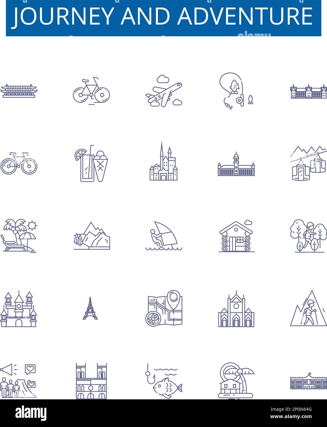 Ensemble de panneaux d'icônes de la ligne voyage et aventure. Collection design de Voyage, expédition, Trek, traverse, Roam, Expeditionary, Tour, exploration Outline Illustration de Vecteur