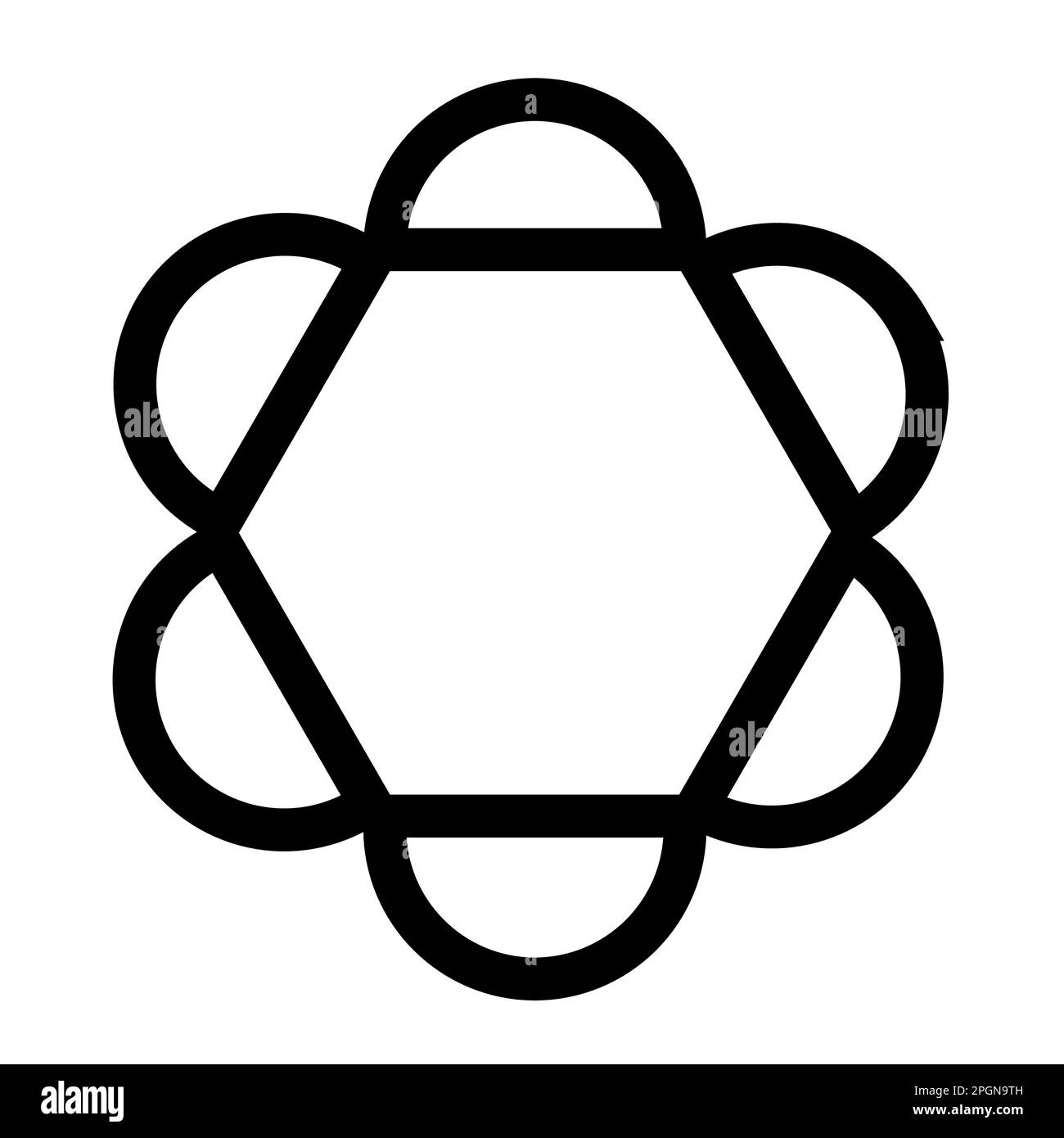 Graphique vectoriel monochrome d'un hexagone avec des demi-cercles sur chacun des six côtés. Peut être utilisé comme représentation simple d'une molécule Illustration de Vecteur