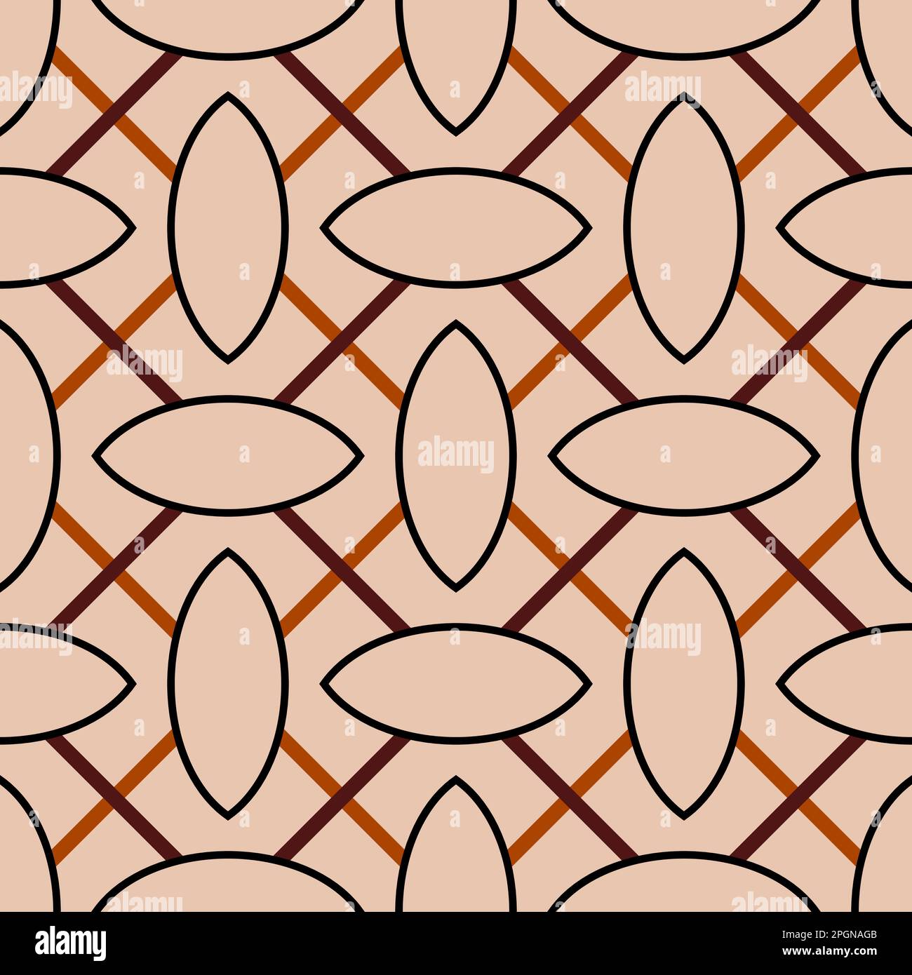 Graphique vectoriel marron et beige sans couture représentant des formes d'œil entrelacés sur une grille de lignes diagonales Illustration de Vecteur
