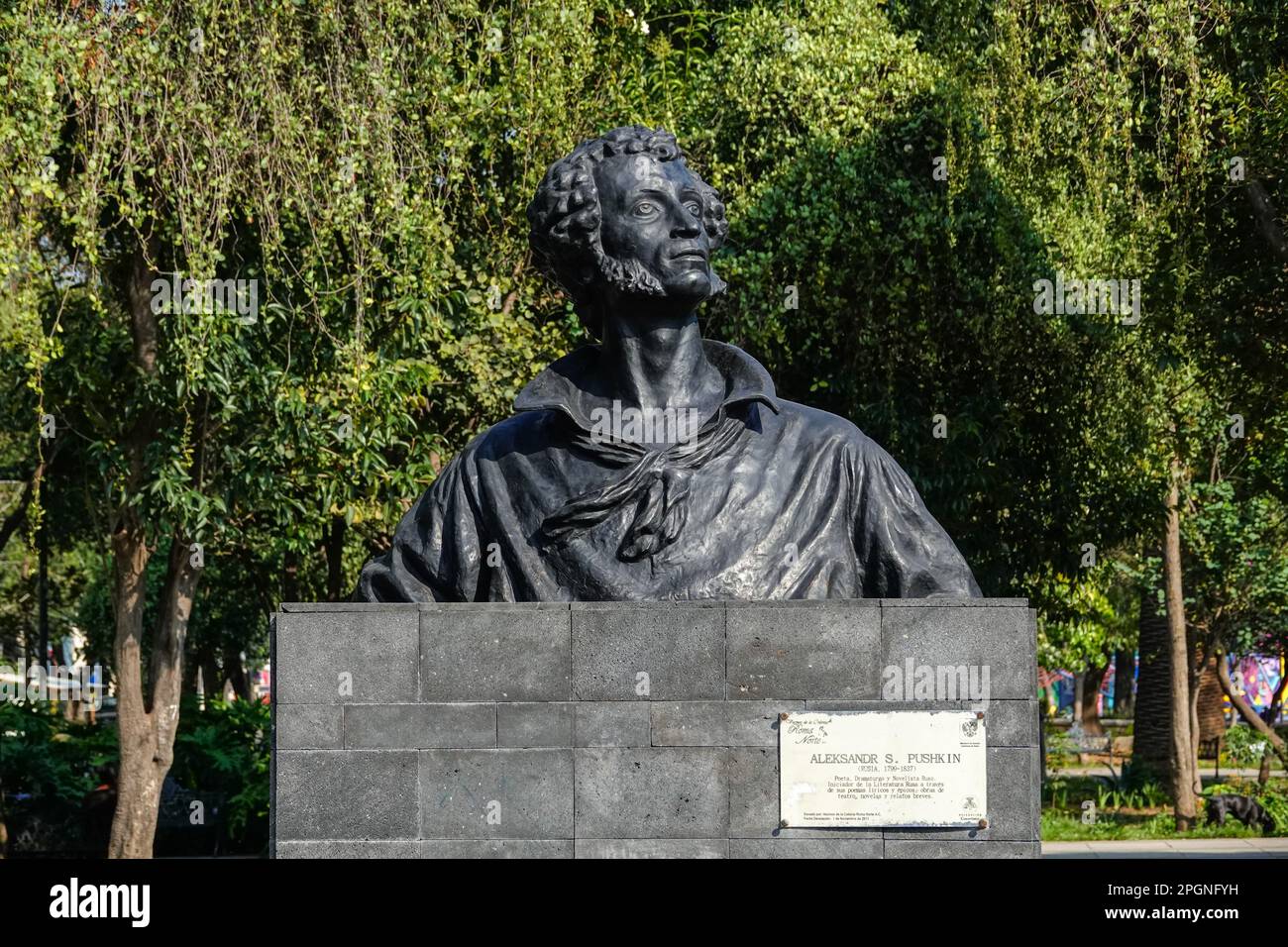 Statue d'Alexandre Pouchkine dans les jardins Pouchkine entre les quartiers hipster de Colonia Roma Norte et les quartiers de la Doctores de Mexico, Mexique. Banque D'Images