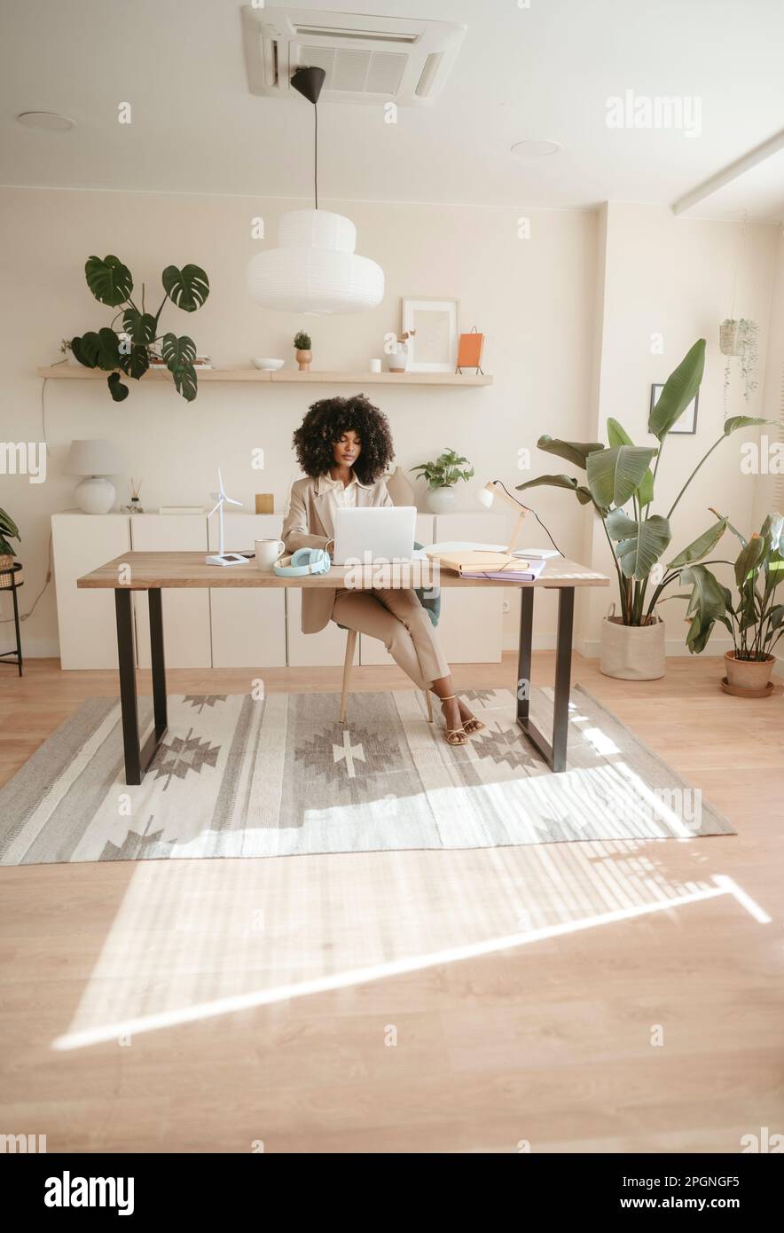 Femme d'affaires avec une coiffure afro travaillant au bureau Banque D'Images