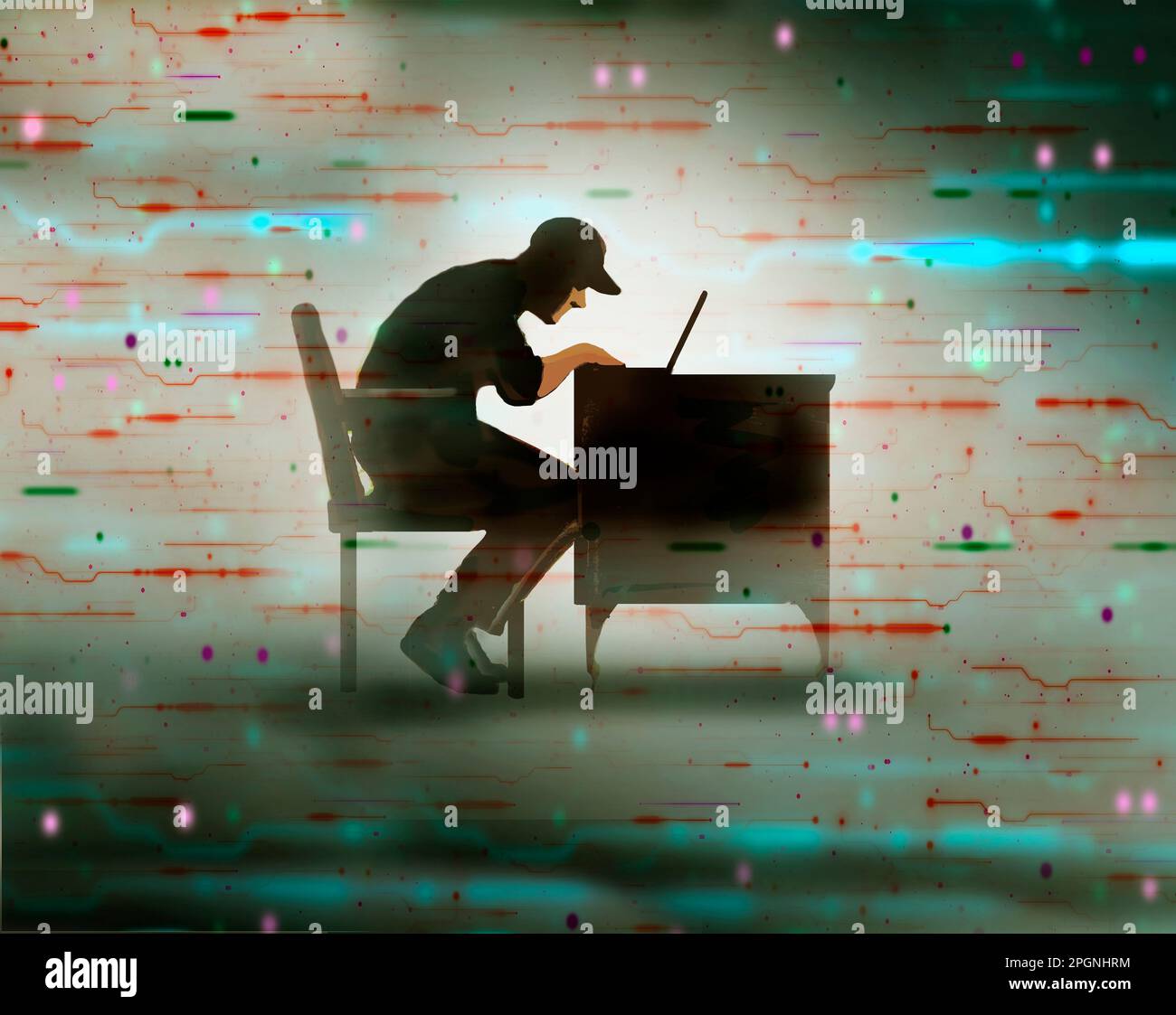 Pirate informatique travaillant sur fond de bruit numérique Banque D'Images