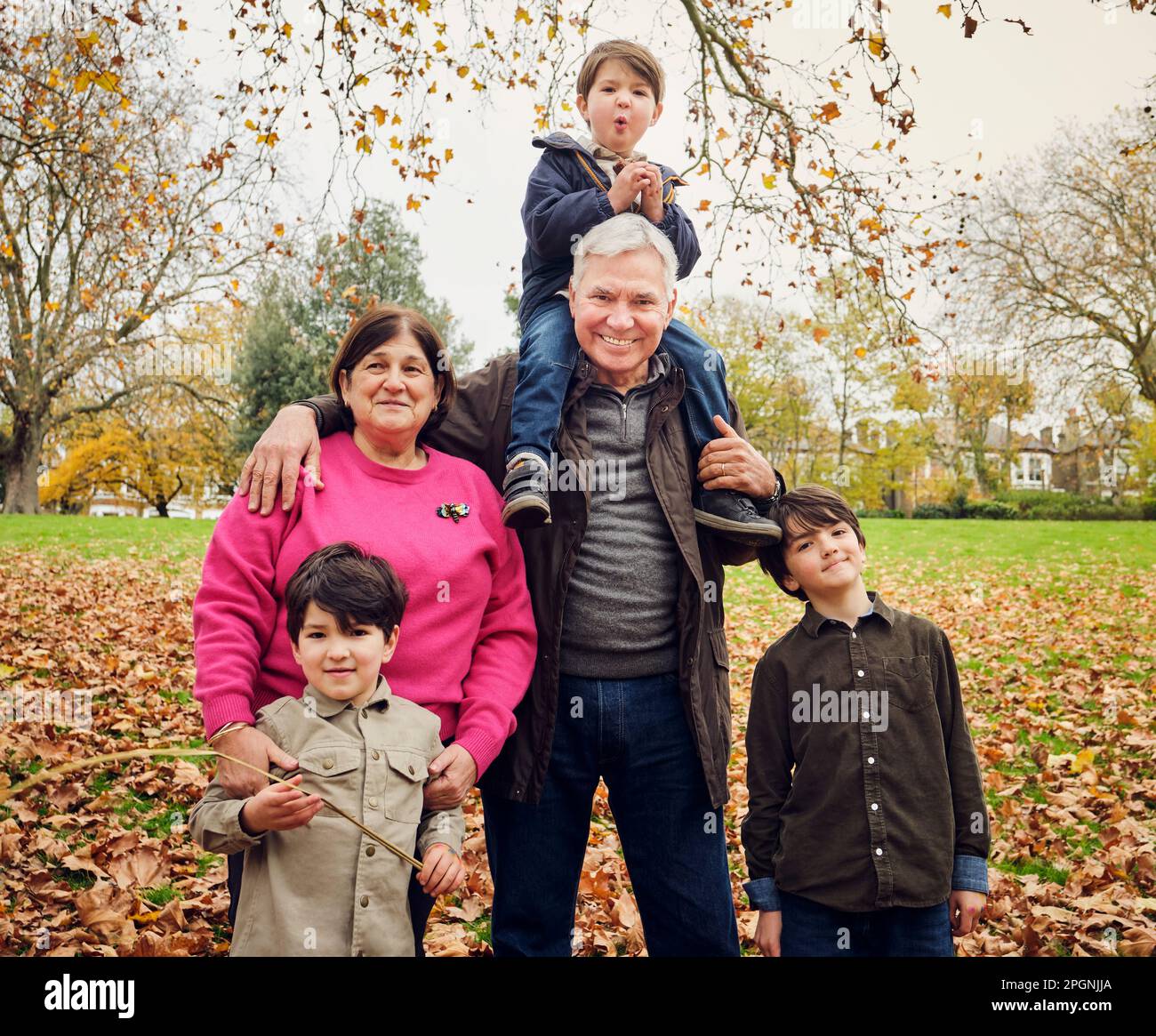 Grands-parents avec petits-fils debout au parc Banque D'Images