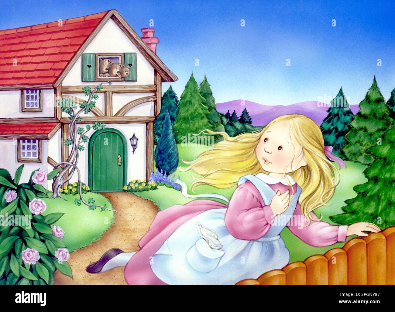 Livre d'histoire pour enfants-Goldilocks fonctionnant à partir de 3 Bears House Banque D'Images