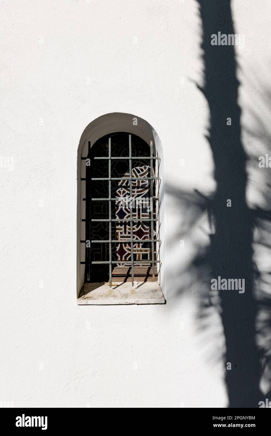 Maison arabe avec fenêtre et tronc de palmier avec ombre et lumière du soleil en Suisse. Banque D'Images