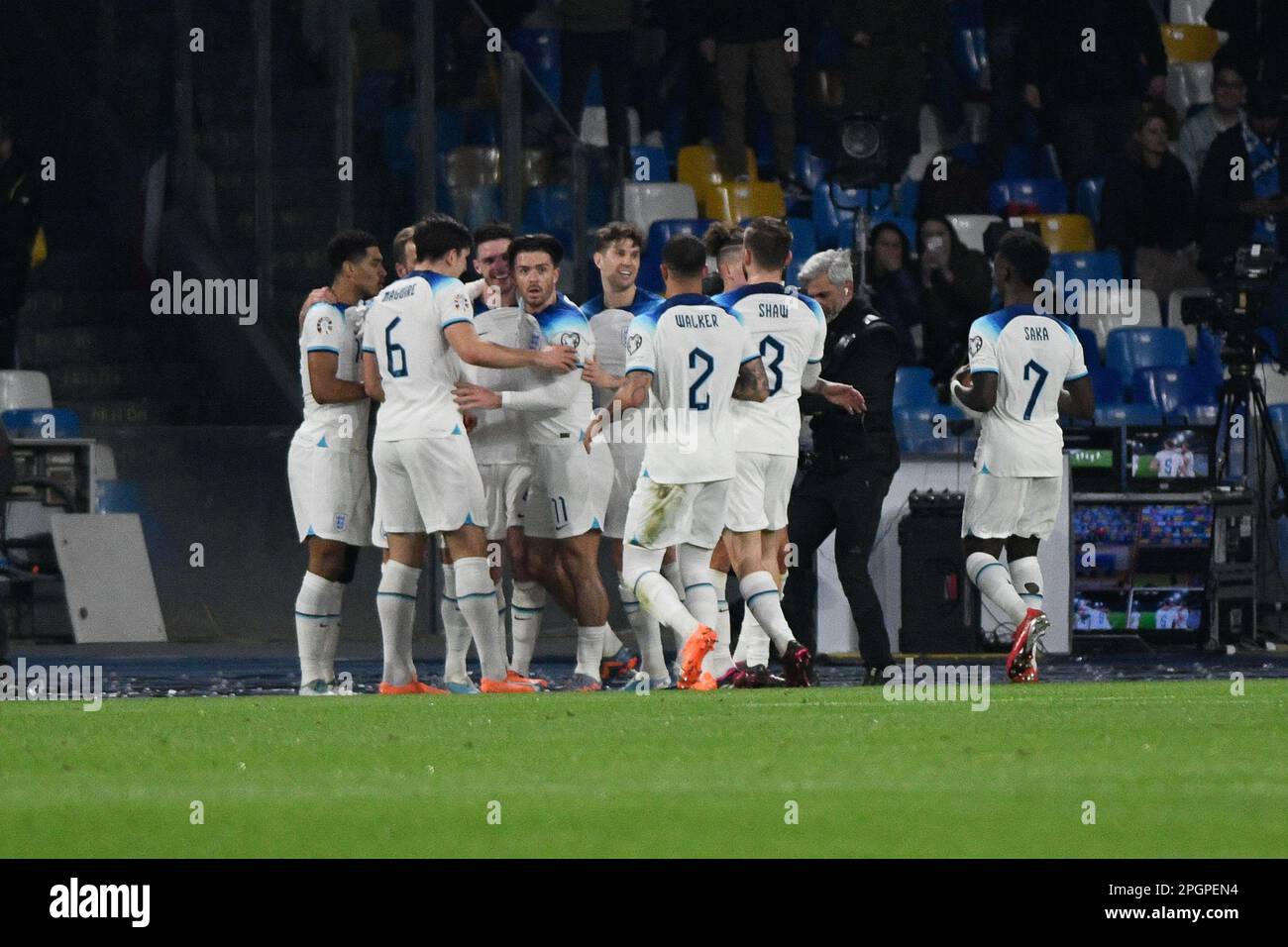 Les joueurs d'Angleterre jubilent après avoir marqué le but 0-1 dans les 13th minutes pendant le match de football, Stadio Diego Armando Maradona, Italie contre Angleterre, 23 mars 2023 (photo par AllShotLive/Sipa USA) Credit: SIPA USA/Alay Live News Banque D'Images