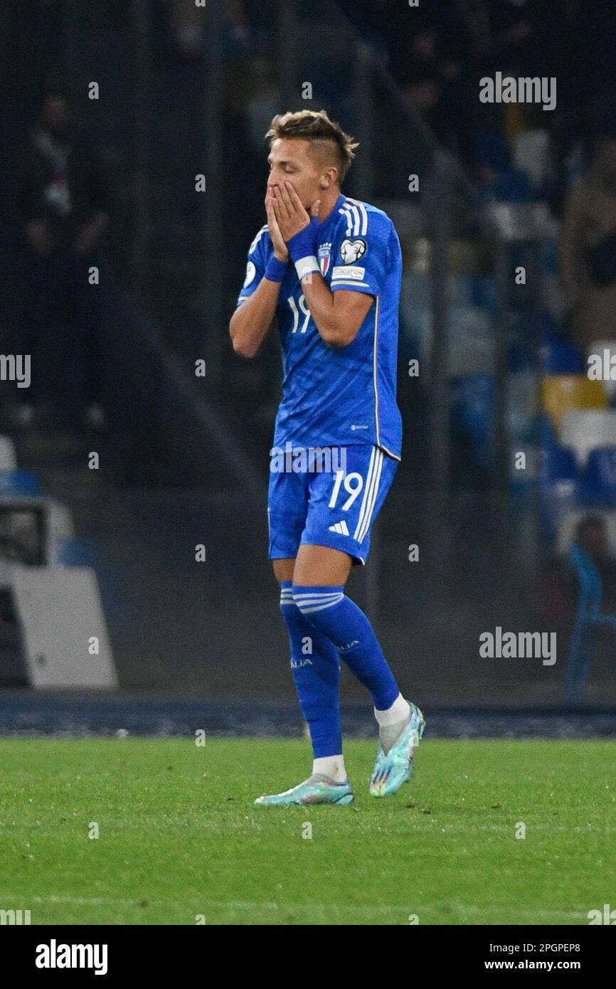 Mateo Retegui d'Italie jubilate après avoir marqué le but 1-2 dans les 56th minutes pendant le match de football, Stadio Diego Armando Maradona, Italie contre Angleterre, 23 mars 2023 (photo par AllShotLive/Sipa USA) Credit: SIPA USA/Alamy Live News Banque D'Images