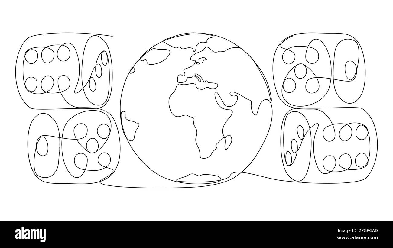 Une ligne continue de Earth Globe et de Dice. Concept de vecteur d'illustration à trait fin. Dessin de contour idées créatives. Illustration de Vecteur