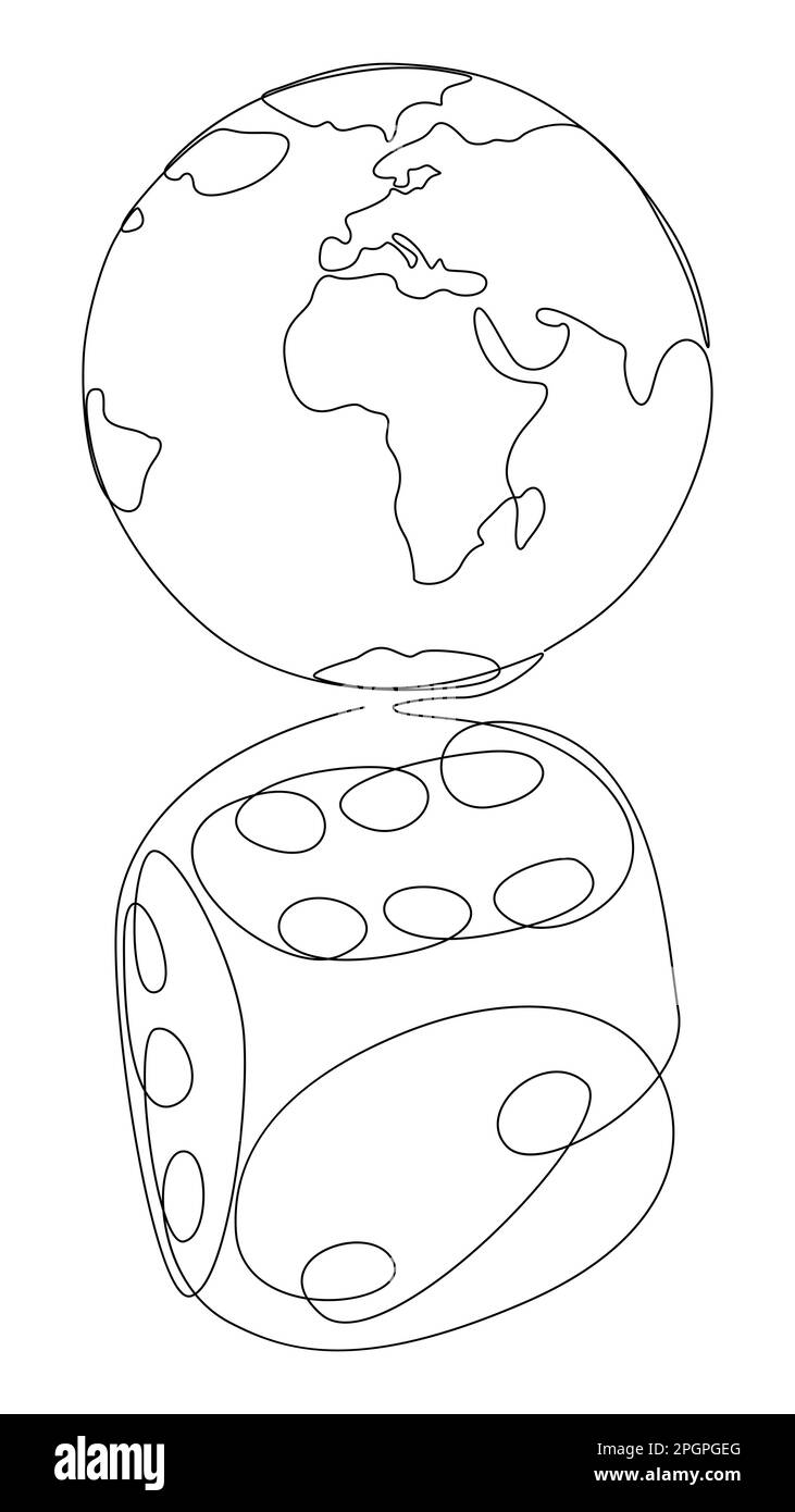 Une ligne continue de Earth Globe et de Dice. Concept de vecteur d'illustration à trait fin. Dessin de contour idées créatives. Illustration de Vecteur