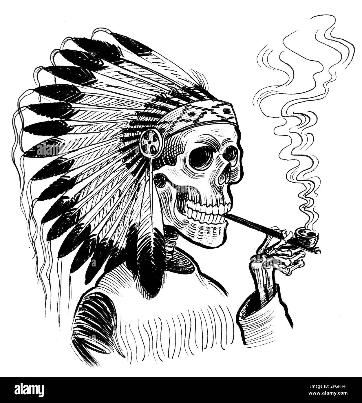 Tuyau de fumée indien mort. Dessin noir et blanc Banque D'Images