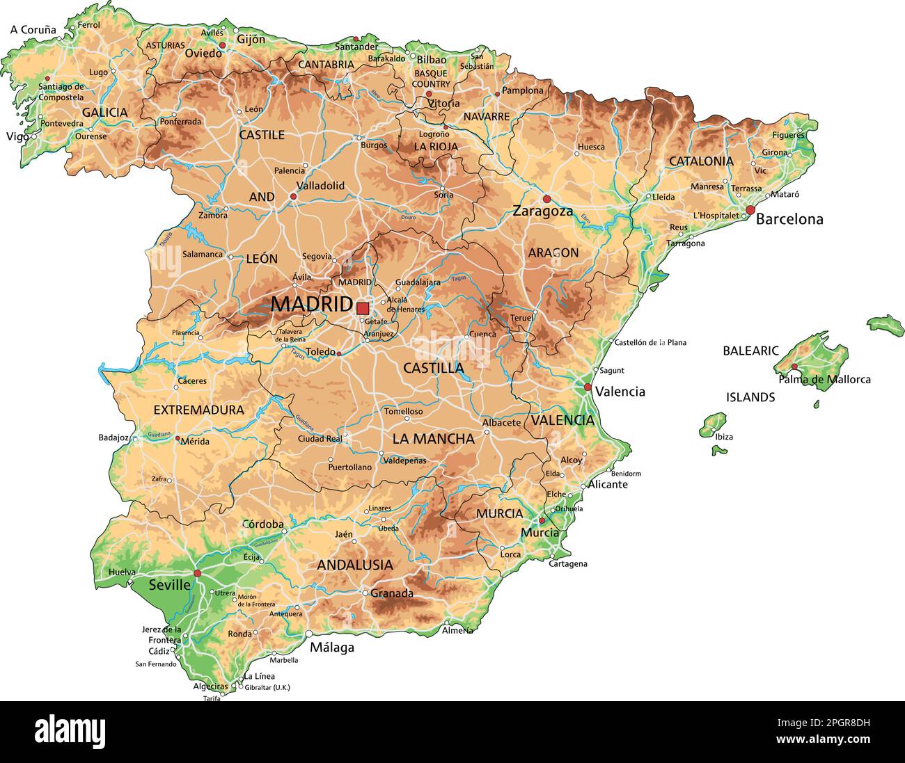 Carte physique Espagne haute précision avec étiquetage. Illustration de Vecteur
