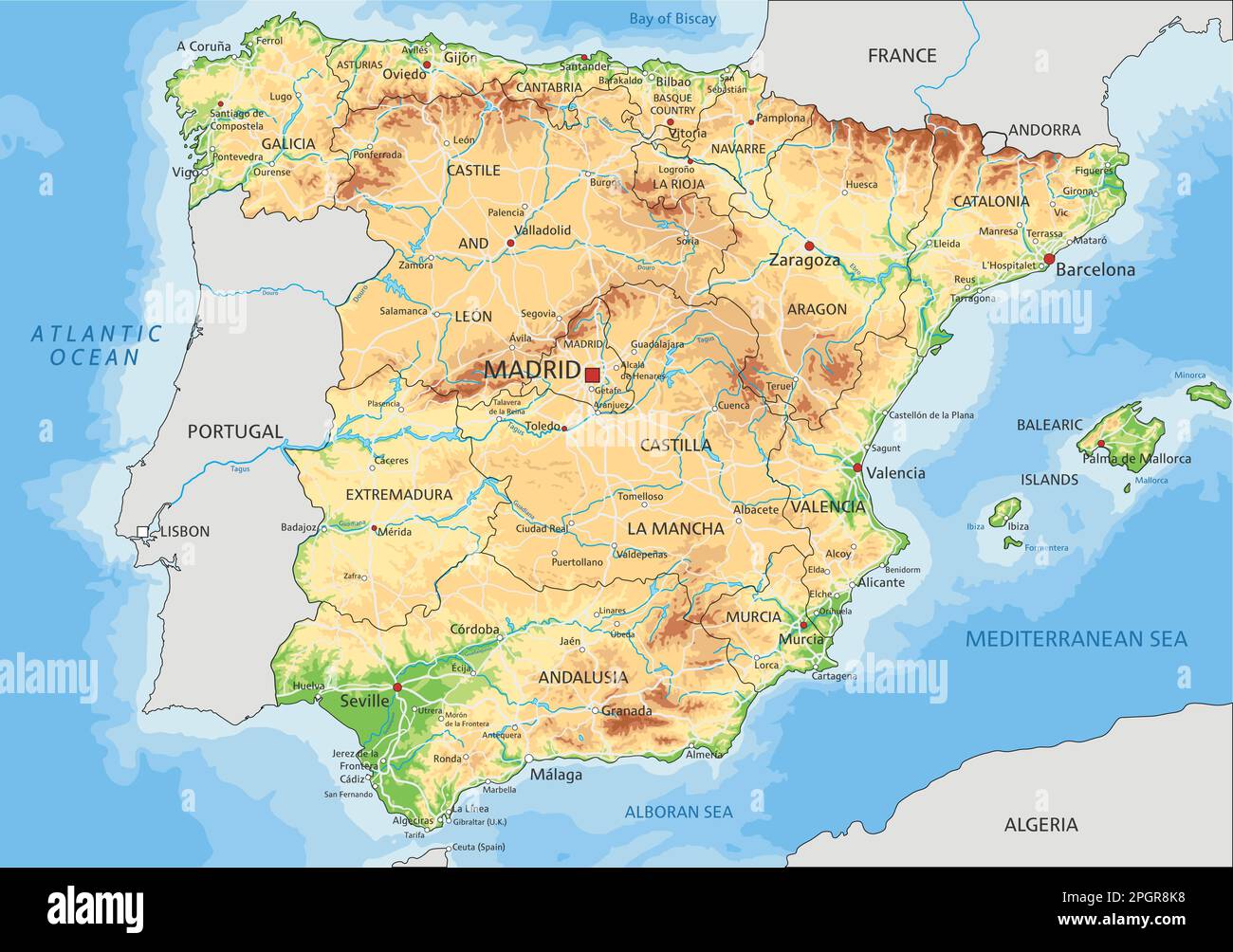 Carte physique Espagne haute précision avec étiquetage. Illustration de Vecteur