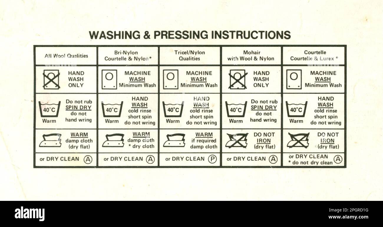 Original style rétro de tricotage des années 1970, instructions de lavage et de pressage pour les cardigans pour femmes, par Lister & Co. De Bradford, Angleterre, Royaume-Uni. Banque D'Images